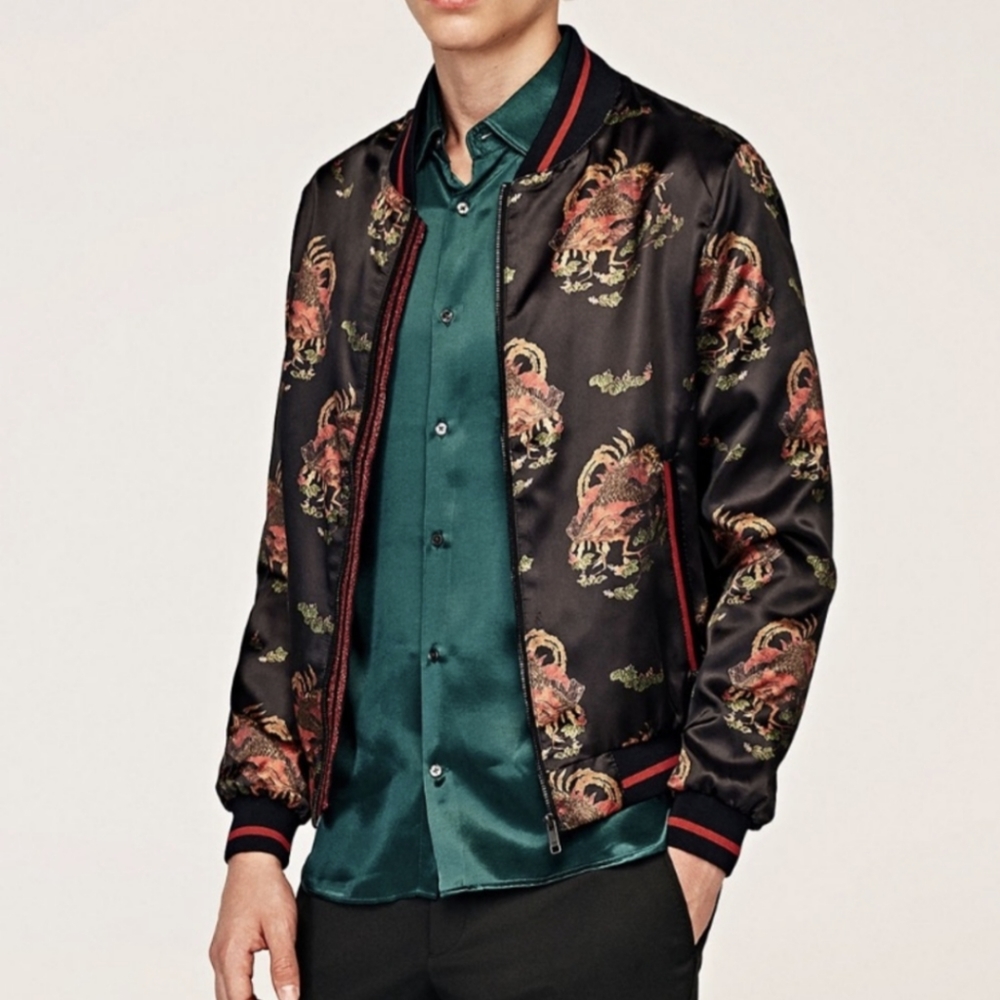 M Zara Silk Men's Bomber Jacket- Phoenix Print